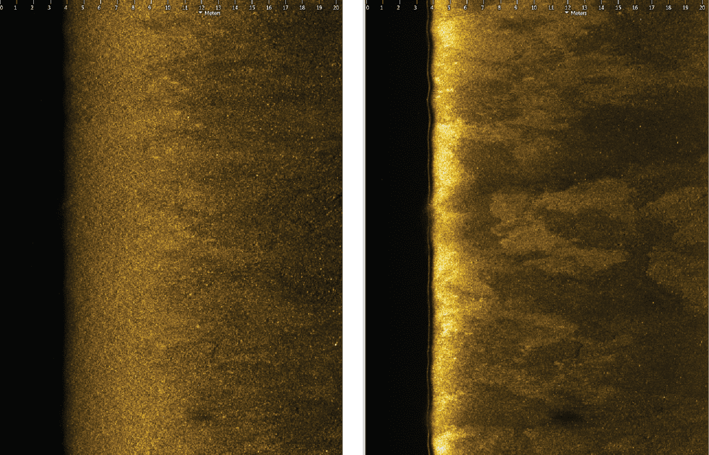 Dual-Frequency Sidescan Sonar. The above images show the starboard channel of the same stretch of seafloor collected at 600 kHz (left) and 1600 kHz (right). Note the different bottom types in the higher frequency. 